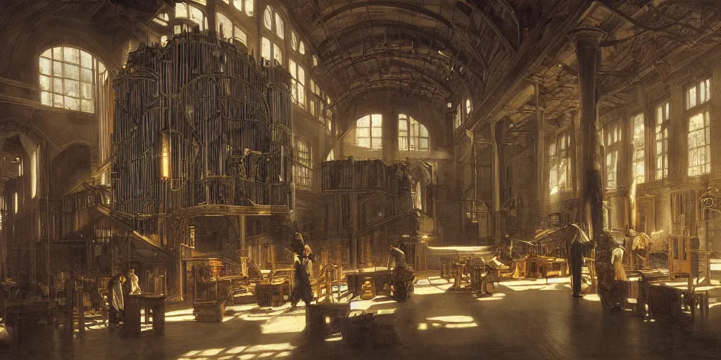 Image similar to interior, pipe organ factory, fantasy, 19th century, ghostly smoke, highly detailed, Artstation, oil on canvas painting by caravaggio and alan lee and john howe