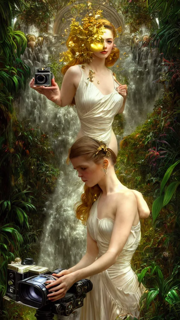 Image similar to hyper realistic photographer looking through a vintage medium format camera, taking pictures, magic pouring from lens, fantasy castle, full body waterfall water dress, design on white background, beautiful details, lush foliage cyberpunk, gold, drawn by john singer sargent, tom bagshaw, norman rockwell, alphonso mucha, lolish, trending on artstation