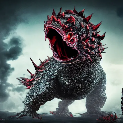 Image similar to evil steel bubble screaming acid chicken kaiju, cinematic, epic scale, hyper detailed, photorealistic, rule of thirds, 8 k.