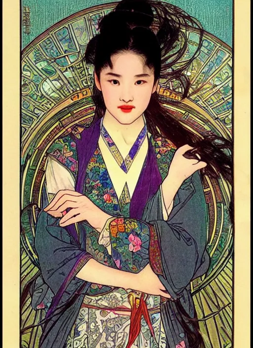 Prompt: Liu yifei close-up on a tarot card, tarot in art style by Alphonse Mucha