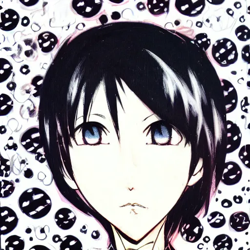 Image similar to Three quarter angle Yoshitaka Amano style portrait of an anime girl with short white hair and black eyes wearing tuxedo with patterns, abstract black and white background, film grain effect, highly detailed, oil painting, expressive brush strokes