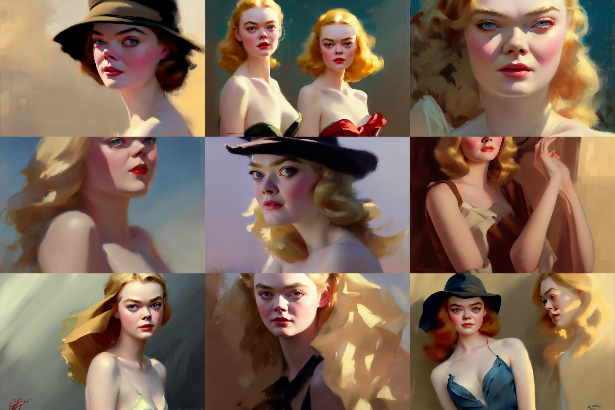 Prompt: greg manchess portrait elle fanning matte painting, trending on artstation, gil elvgren, greg rutkowski, magali villeneuve, artgerm, jeremy lipkin, michael garmash