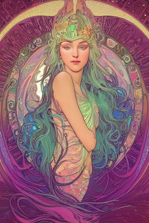 Image similar to a beautiful psychedelic mermaid, symmetrical features, cinematic lighting, soft bokeh, fantasy, modern, colourful, highly detailed, digital painting, artstation, deviantart, concept art, sharp focus, illustration, by alphonse mucha