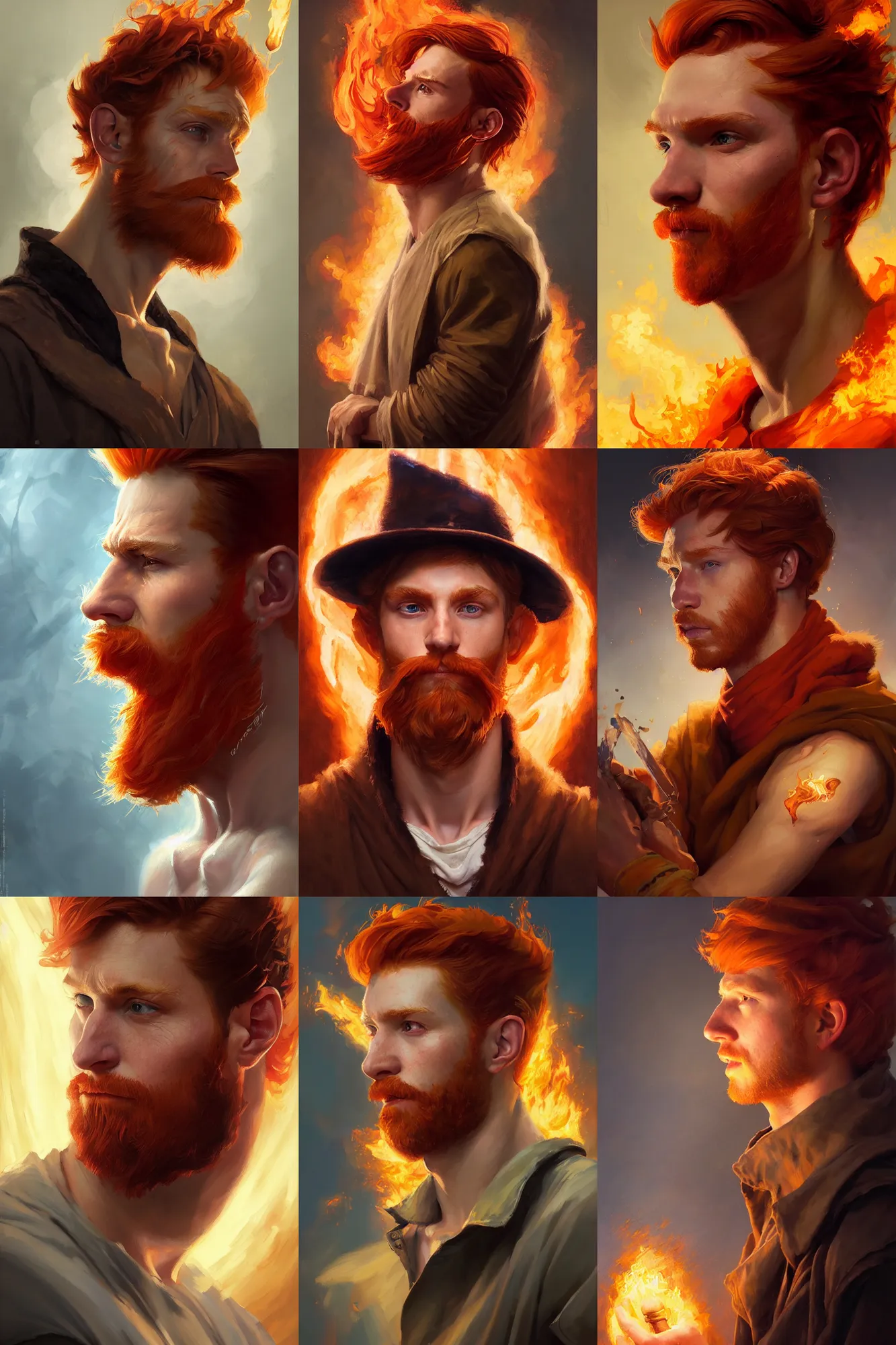 Prompt: a portrait of a young handsome male fire wizard, ginger hair, profile, oil on canvas, masterpiece, hi - fructose, mandy jurgens, artgerm, norman rockwell, craig mullins, noah bradley, tranding on pxiv, highly detailed face, clear eyes