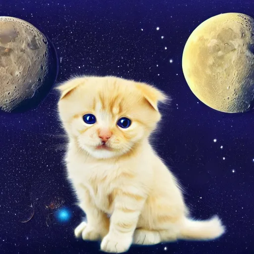 Image similar to cute little golden eyed scottish fold on the moon, realistic