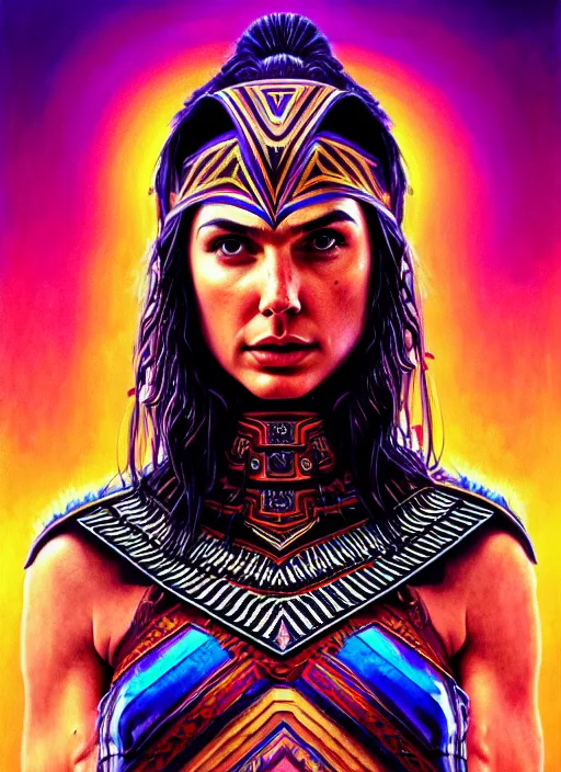 Image similar to portrait of gal gadot, hyper detailed ultra sharp aztec shaman warrior. trending on artstation, warpaint aesthetic, bloodwave, colorful, psychedelic, ornate, intricate, digital painting, concept art, smooth, sharp focus, illustration, art by artgerm and greg rutkowski and h. r. giger, 8 k