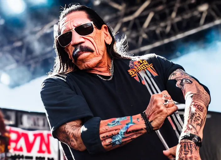 Image similar to photo still of danny trejo at vans warped tour!!!!!!!! at age 6 3 years old 6 3 years of age!!!!!!! stage diving at a crowd, 8 k, 8 5 mm f 1. 8, studio lighting, rim light, right side key light