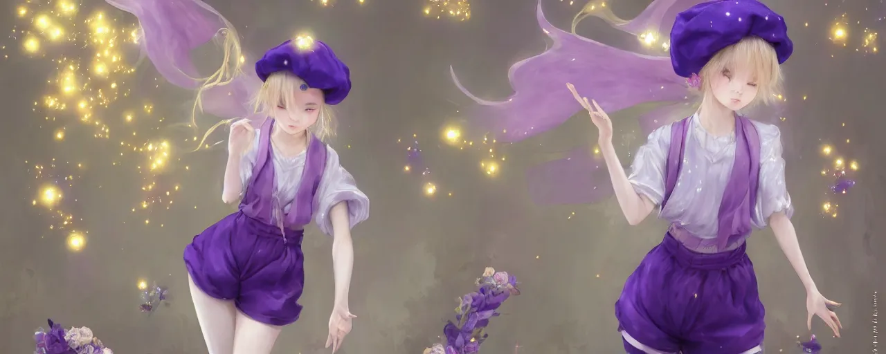 Image similar to Full View of a mysterious kpop fairy maidens with short blond hair wearing an oversized purple Beret, Baggy Purple overall shorts, Short Puffy pants made of silk, silk shoes, a big billowy scarf, Golden Ribbons, white leggings Covered in stars. Short Hair. peasant magic. masterpiece 4k digital illustration by Ruan Jia and Mandy Jurgens and Artgerm and william-adolphe bouguereau, award winning, Artstation, art nouveau aesthetic, Alphonse Mucha background, intricate details, realistic, panoramic view, Hyperdetailed, 8k resolution, intricate art nouveau, smooth, sharp focus