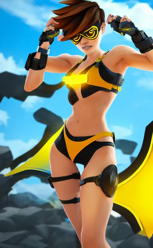 Image similar to tracer game character, in yellow bikini, blonde hair, black eyes, full height