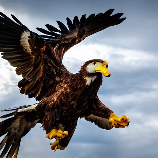 Image similar to cinematic photo of a giant eagle snatching away the oregon duck mascot with its talons. the eagle is lifting the duck into the sky. camera is looking up at the subject in the sky with fancy clouds behind