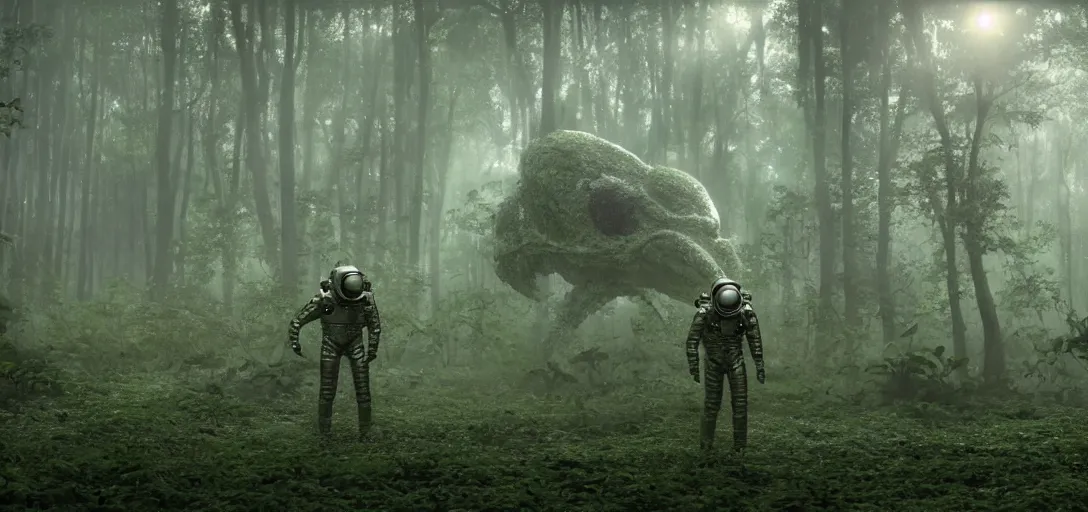 Prompt: an astronaut visiting a complex organic fractal 3 d metallic symbiotic ceramic humanoid megastructure creature in a swampy lush forest, foggy, sun rays, cinematic shot, photo still from movie by denis villeneuve, wayne barlowe