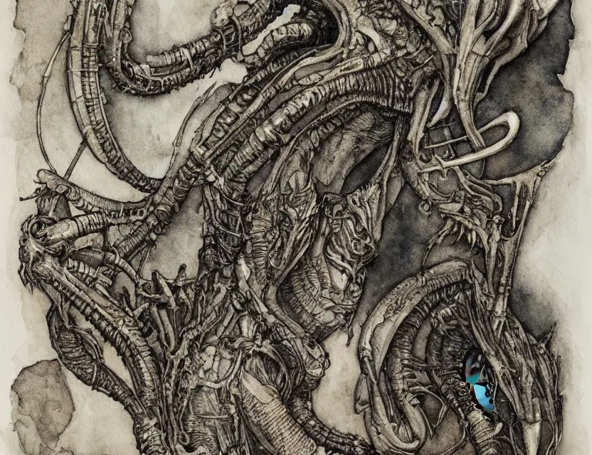 Image similar to a detailed, intricate watercolor and ink illustration with fine lines of h. r. giger's xenomorph, by arthur rackham and edmund dulac and lisbeth zwerger