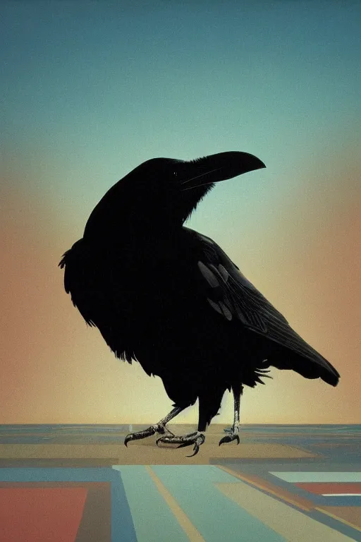 Image similar to a raven using 8 0 s era technology, vintage shapes, retro technology, pantone color, wayne barlow, oil on canvas, deep depth of field, masterpiece, cinematic composition, hyperdetailed