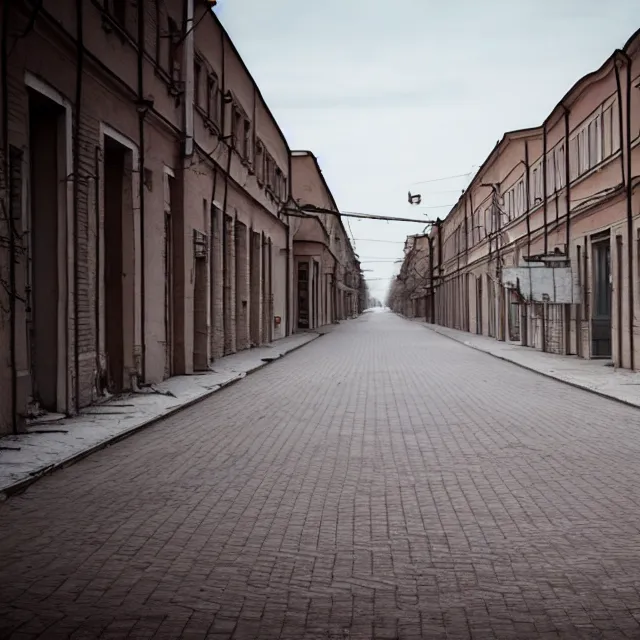 Prompt: empty town street with identical soviet buildings. perfect grass lawn instead of asphalt. without trees. cinematic