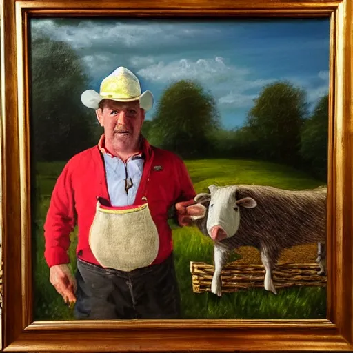 Image similar to a proud englishman farmer showing off his prized blue ribbon hog at the county fair, oil painting