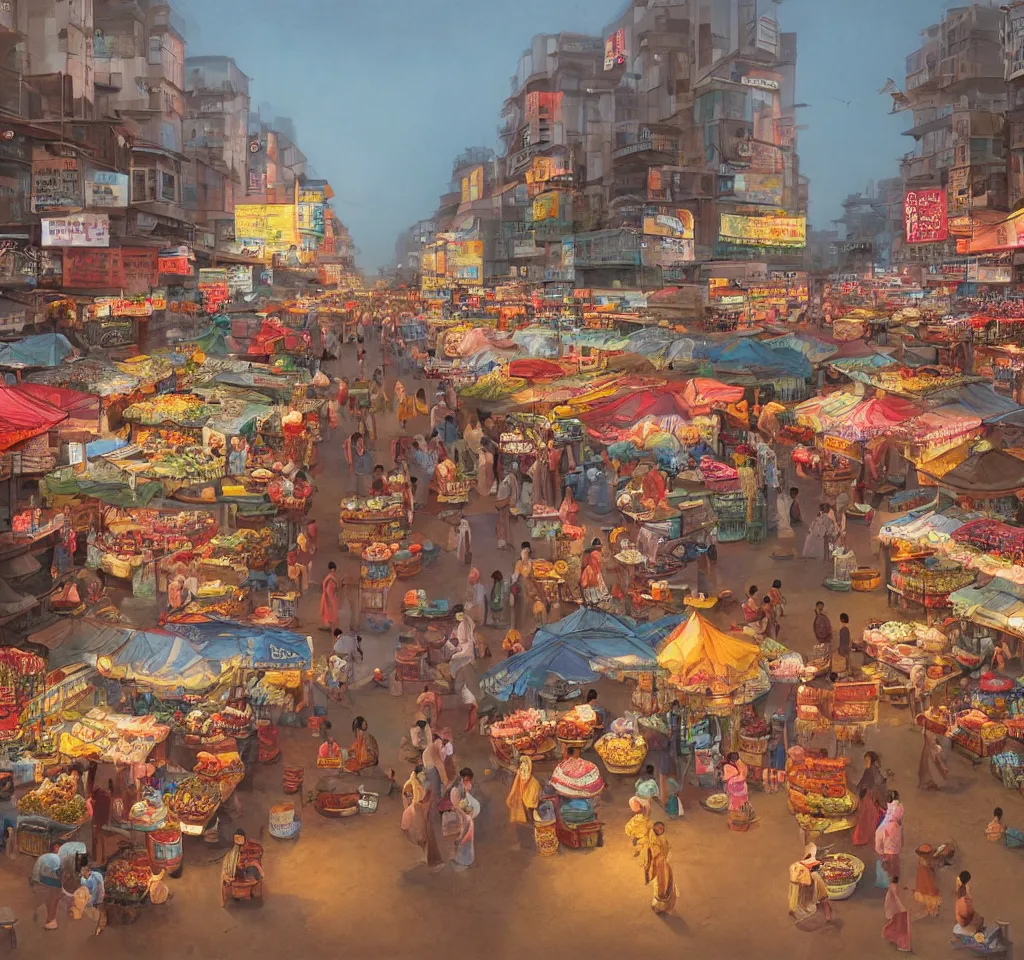 Prompt: an immaculate digital matte painting by Robin White of a placid asian street market scene at dusk.