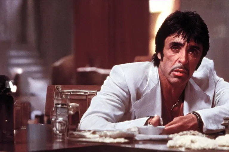 Image similar to tony montana from movie scarface 1 9 8 3 sitting at a big black oak table with big packages of flour. next to the night window. al pacino. perfect symmetric face, coherent eyes,, fine details, 4 k, ron cobb, cinestill