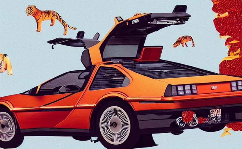 Image similar to a red delorean with a yellow tiger, art by hsiao - ron cheng in a magazine collage style, # de 9 5 f 0