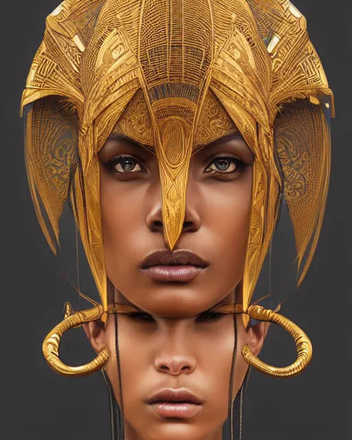 Prompt: symmetry, shaka zulu head dress, lines, machine face, intricate, elegant, highly detailed, digital painting, artstation, cgsociety, concept art, smooth, sharp focus, illustration, art by artgerm and greg rutkowski and alphonse mucha, 8 k