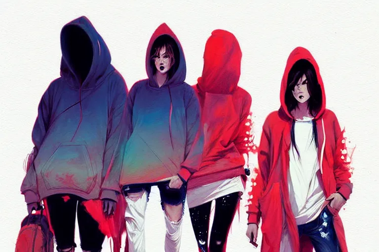 Prompt: a ultradetailed painting of three women in a oversized hoodie and sneakers by conrad roset, greg rutkowski and makoto shinkai trending on artstation