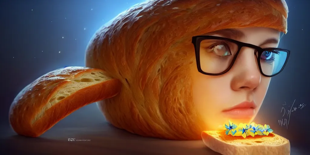 Image similar to epic professional digital art of a bread!!!!! toast!!!! wearing 👓 and a blue flower, best on artstation, cgsociety, wlop, cosmic, epic, stunning, much detail, much wow, masterpiece, backlight