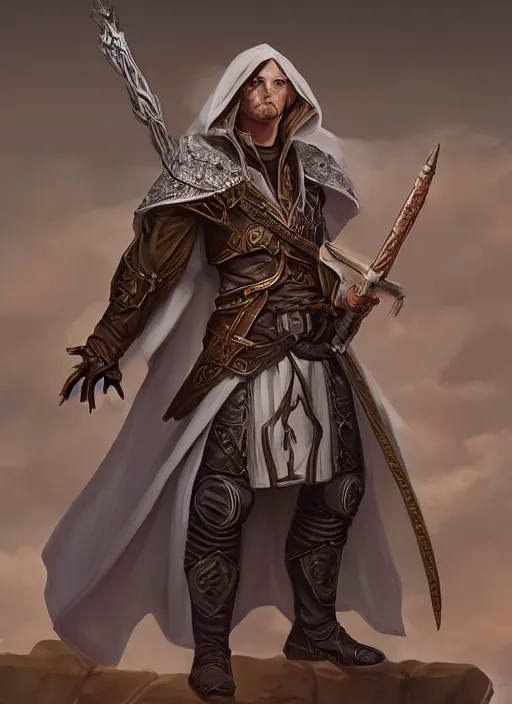 Prompt: priest dnd character, single character concept art, white background, long shot, highly detailed, digital art, sharp focus, by mark brooks