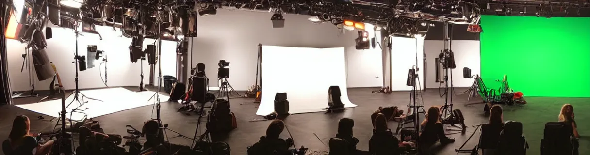Prompt: photo of a movie set with a single big green screen, studio, movie set, realistic, studio lighting