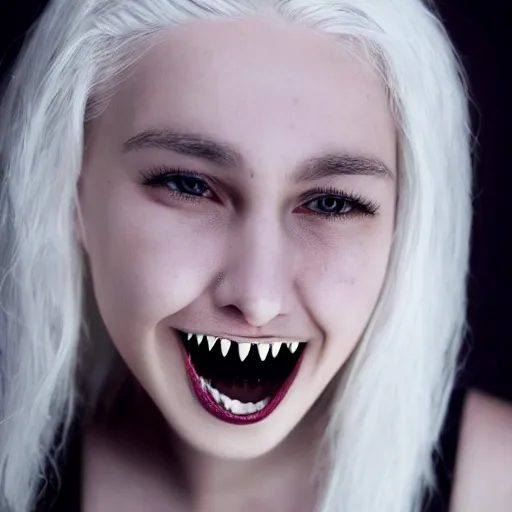 Prompt: Young woman, white hair, black eyes, sharp teeth, pointy ears, pale skin