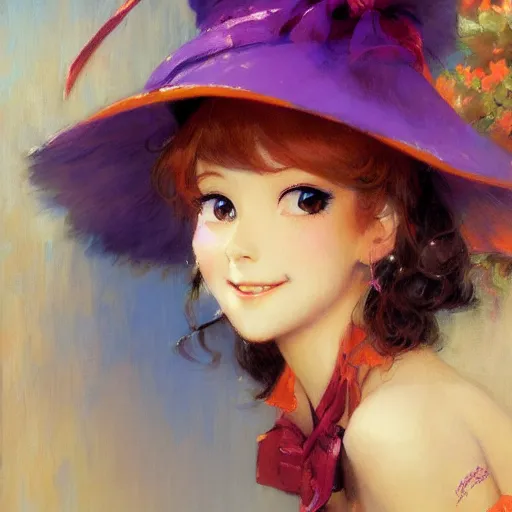 Image similar to a detailed portrait of a cute anime girl on swing, wearing a purple and red dress, wearing a orange hat, smiling coy, painting by gaston bussiere, craig mullins, j. c. leyendecker