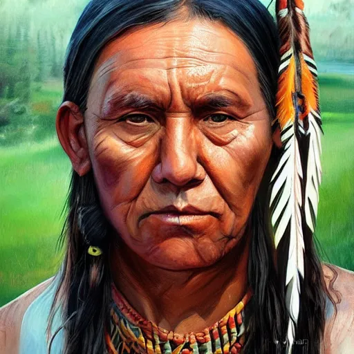 Image similar to painting, native american portrait on tshirt, artstation, detailed