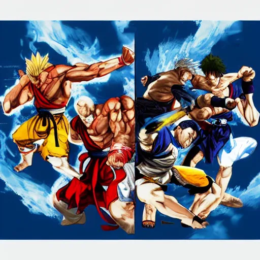 Image similar to shoryuken, dragon punch, kamehameha, hadouken, street fighter, mortal kombat, tournament, hanafuda, evolution, game poster by yoji shinkawa in blue and white