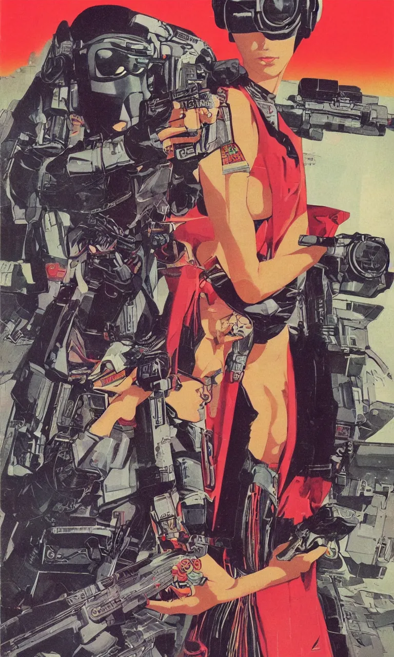 Image similar to 1979 OMNI Magazine Cover depicting a portrait of a Beautiful woman wearing a Gucci kimono and AR goggles, Cyberpunk Akira style by Vincent Di Fate