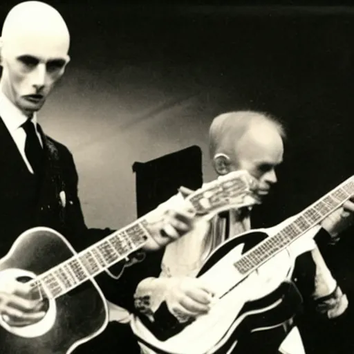 Prompt: count orlok playing guitar on stage next to robert fripp