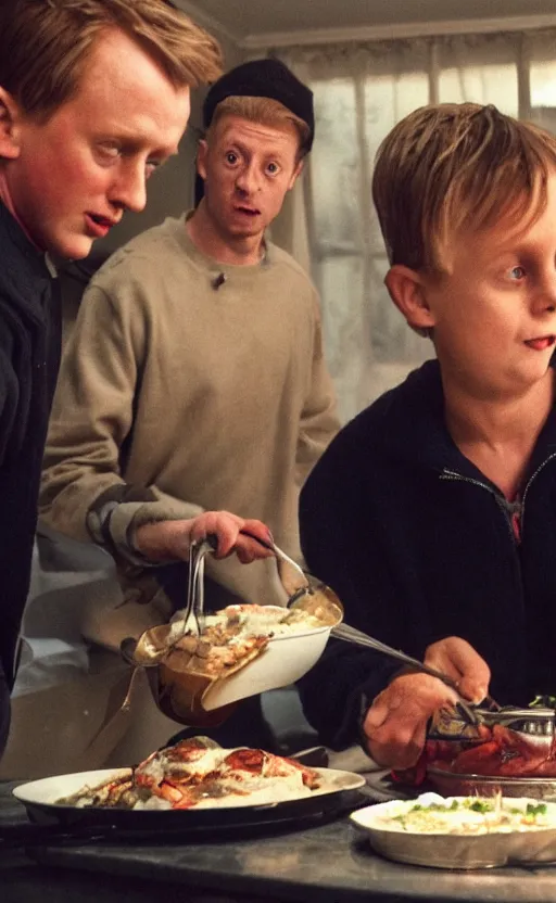 Image similar to kevin mccallister cooking harry and marv for dinner, photorealistic, realistic, detailed, hyperrealistic, 8 k, hdr, high quality, high resolution, lossless quality