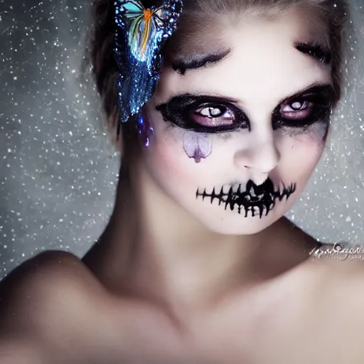 Image similar to a professional photoshoot, skull face pale beauty with crystal firefly wings, a devianart photograph