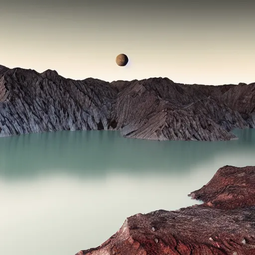 Prompt: titan moon, a landscpae range with a methane lake in the foreground, in titan moon, a matte painting by wen tong, flickr contest winner, art photography, high dynamic range, terragen, uhd image