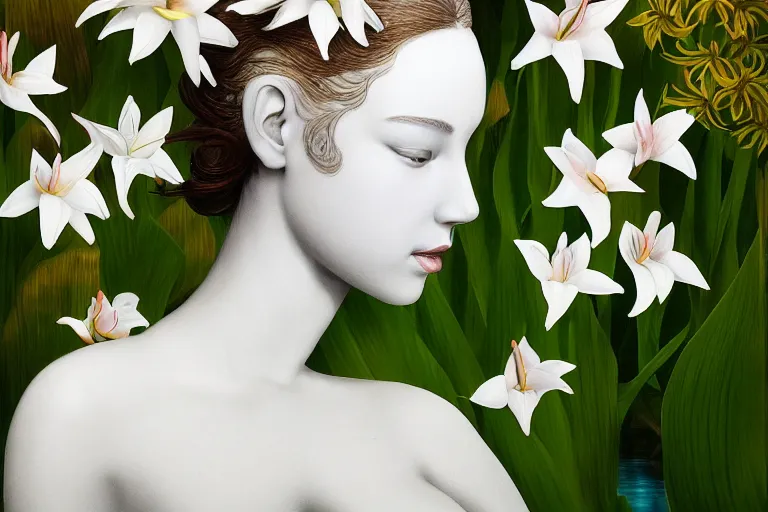 Prompt: cinematic 3 d portrait of a white porcelain woman's head and shoulders floating in a pond, surrounded by a forrest of lillies, deep focus, intricate, elegant, highly detailed, matte, sharp focus, by james jean and kim jung gi