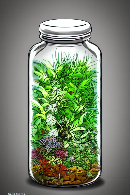 Prompt: a glass jar filled with plants, highly detailed, digital art, sharp focus, trending on art station