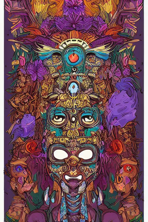 Image similar to animal mask totem roots flower tribal feather gemstone plant wood rock shaman vodoo video game vector cutout illustration vivid multicolor borderlands comics by josan gonzales and dan mumford radiating a glowing aura