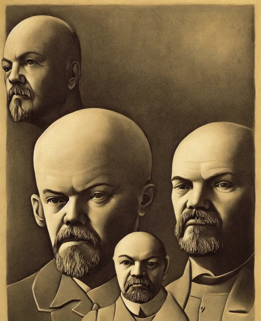 Prompt: A detailed portrait of Vladimir Lenin with a mushroom for a head. Painted by Grant Wood