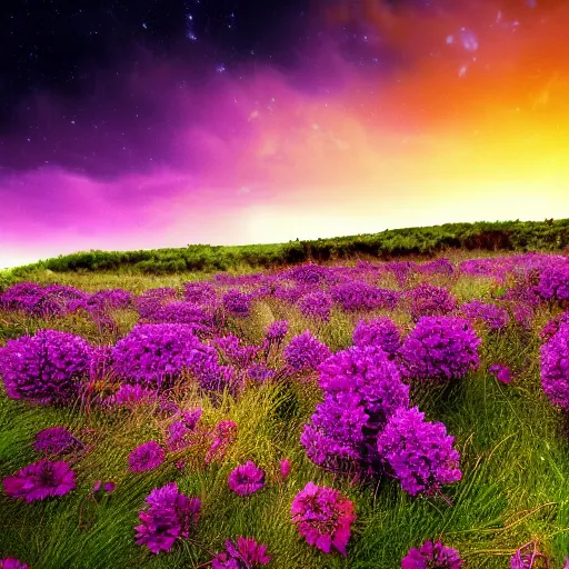 Image similar to Landscape photo of beautiful alien world, with purple skies and large flowers, wallpaper, 8k, award winning photo