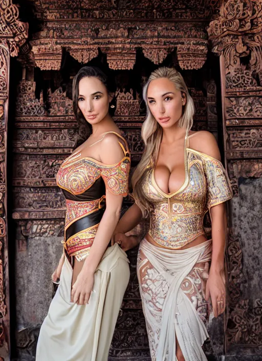 Image similar to portrait of lindsey pelas and gal gadot wearing kebaya in balinese temple, by charlotte grimm, natural light, detailed face, beautiful features, symmetrical, canon eos c 3 0 0, ƒ 1. 8, 3 5 mm, 8 k, medium - format print, half body shot