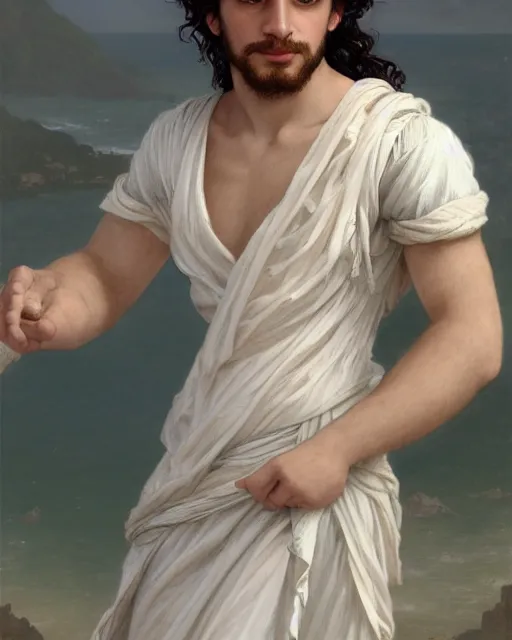 Image similar to young greek man, long curly hair, 3 / 4 portrait, elegant ancient greek dress, very detailed, coast as the background, beautiful, intricate, cinematic, artstation, william bouguereau, alphonse mucha, greg rutkowski, rossdraws, octane render