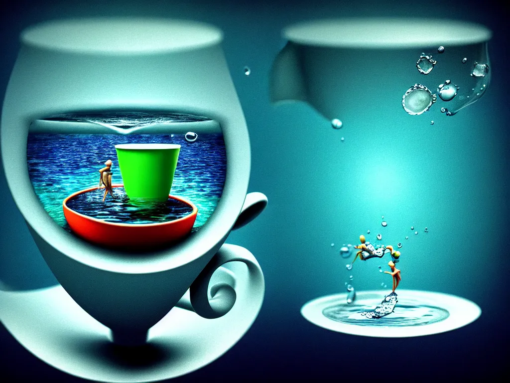 Prompt: highly detailed photo of life inside a cup of water, trending on deviantart, neo surrealism, sharp focus, a lot of little details, octane, masterpiece, art by max ernst