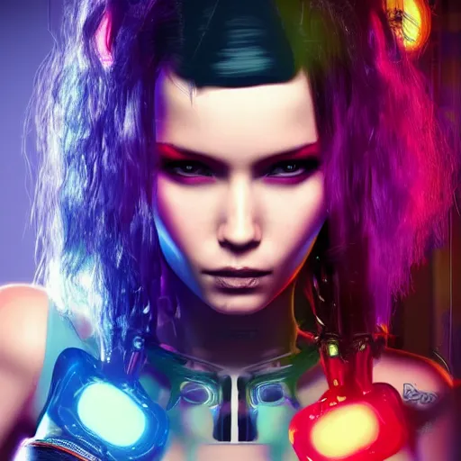 Image similar to Portrait of Robot Girl with long red hair and a tattoo in the style of the game CYBERPUNK 2077 , very beautiful Enga style, the girl is wrapped in color, photorealism