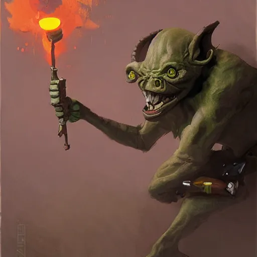 Prompt: a crazy goblin with a slingshot, wearing a grenade belt, by Greg Rutkowski