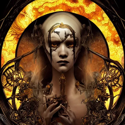 Prompt: Highly detailed ,intricate stunningly beautiful dark human ghost god broken amber in Mucha style with a skull curved ancient runs, huge black glowing sun,cinematic ,very fine details,unreal engine,black, gold by Brad Rigney, Shaun Tan, John William Waterhouse whimsically designed rococo