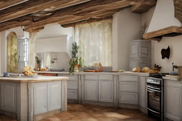 Image similar to Photography of Provence style kitchen with sleeping cat in the center, photorealism