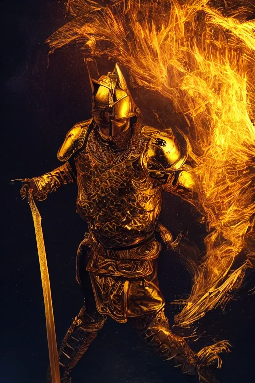 Prompt: a golden warrior showing his sword of fire, trending on artststion. night time, dramatic, cinematic, 8 k