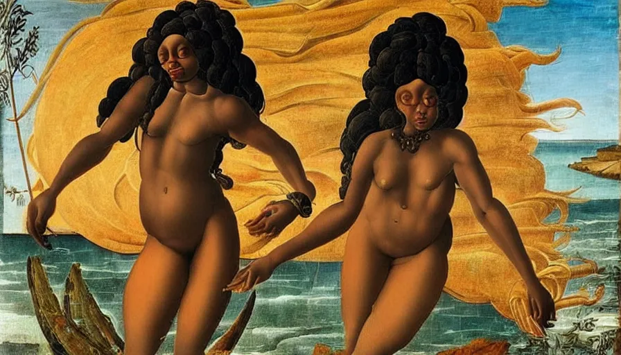 Image similar to full body painting Botticelli Black African goddess rising from the sea, in the style of Botticelli Venus